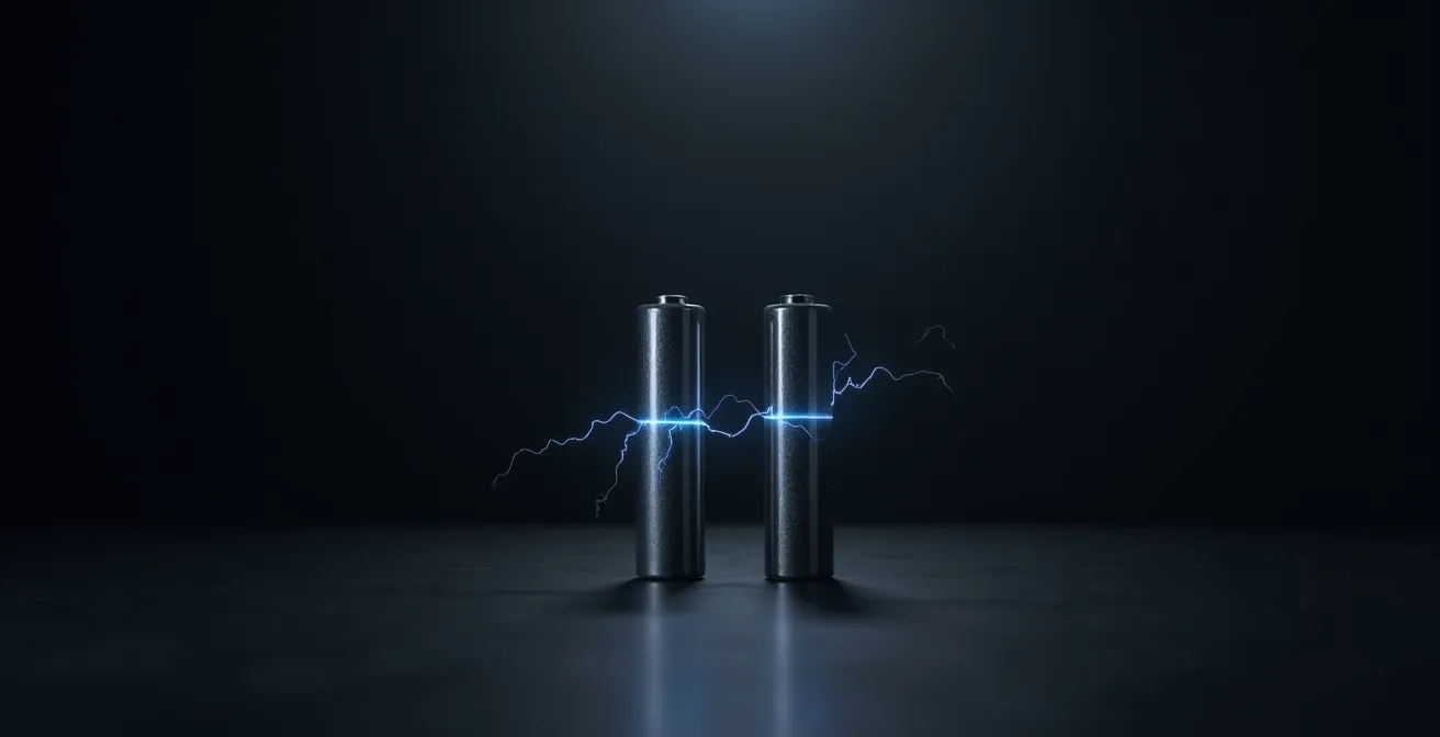 Deux batteries 18650 côte à côte avec effet de lumière montrant leur connexion énergétique