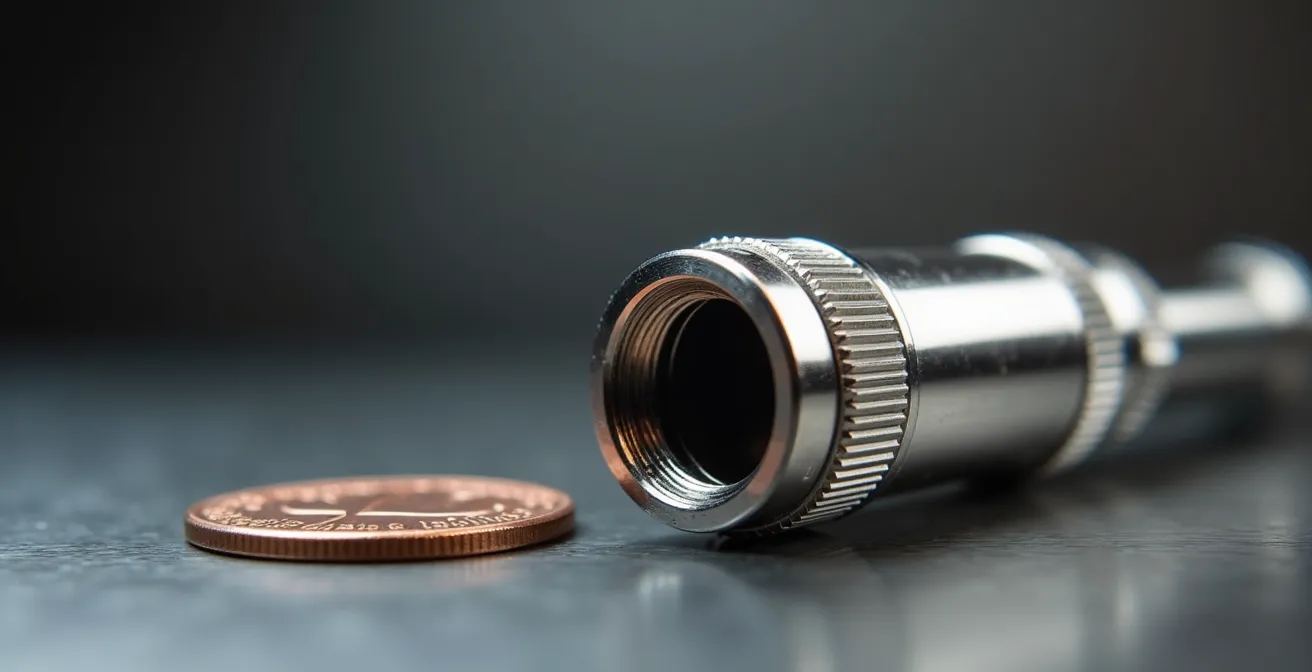 Gros plan sur adaptateur 510 eGo en métal chromé avec filetages visibles