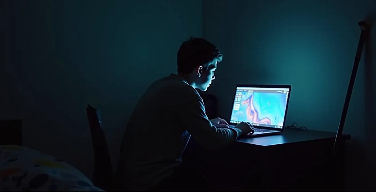 Adolescent de dos utilisant un ordinateur portable dans sa chambre, ambiance sombre suggérant une activité cachée