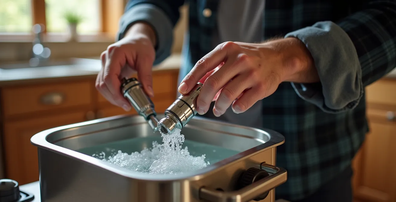 Bac à ultrasons en fonctionnement avec pièces d'atomiseur immergées