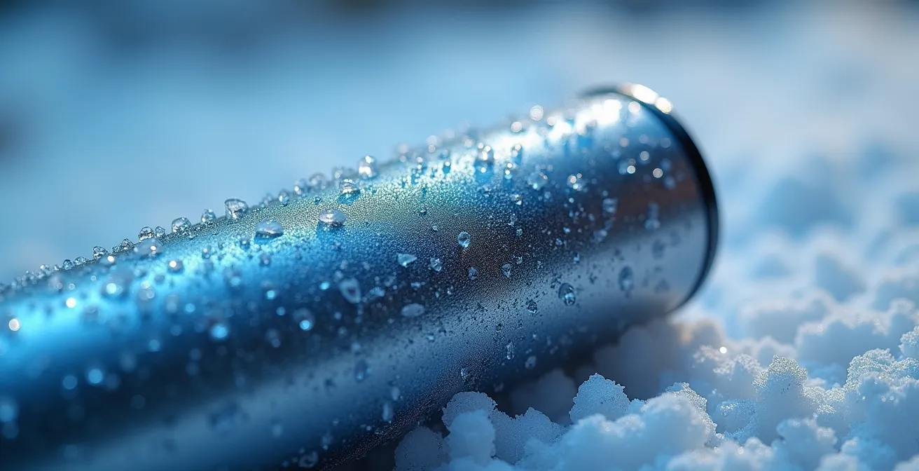 Gros plan macro sur une batterie de cigarette électronique avec cristaux de givre