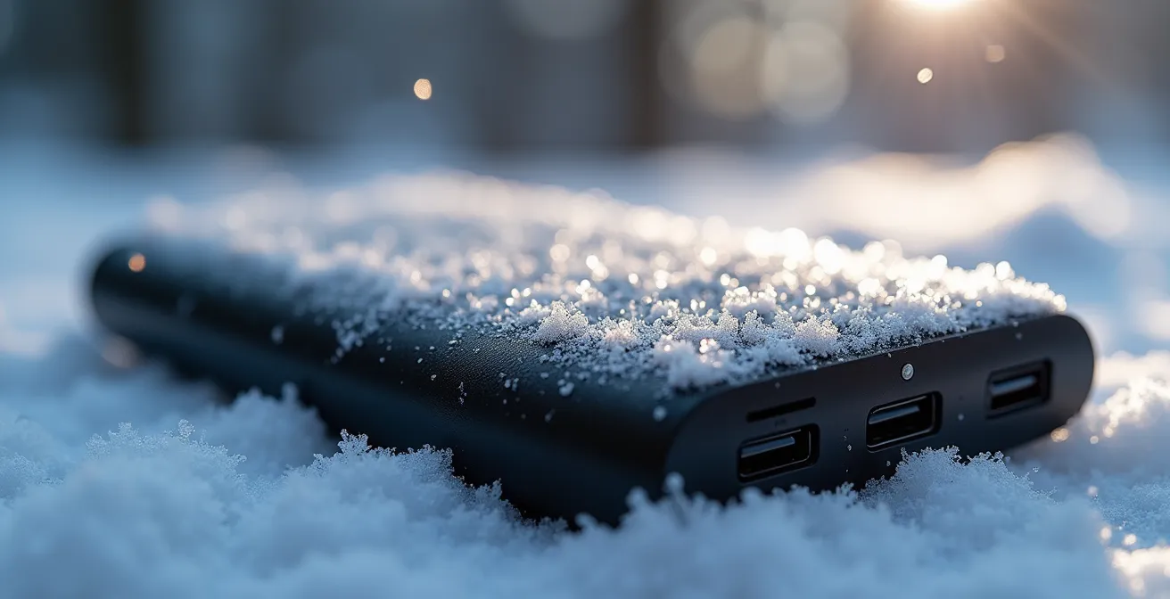 Vue macro d'une batterie externe avec des cristaux de givre, illustrant la perte de capacité par temps froid.
