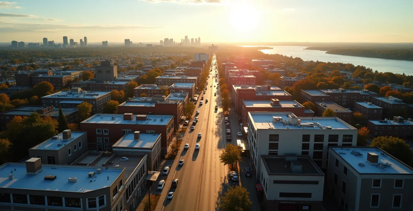 Vue aérienne stylisée des quartiers de Québec avec repères visuels des zones commerciales