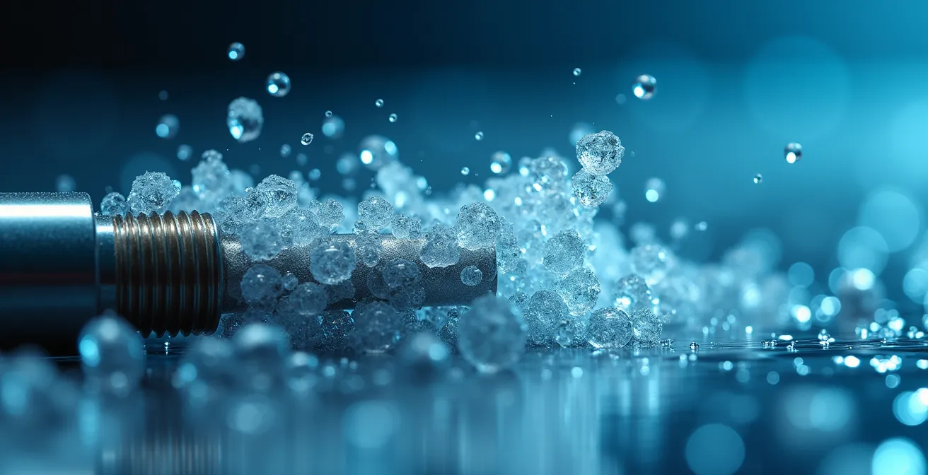 Vue macro de bulles de cavitation ultrasonique nettoyant les microporosités d'un atomiseur métallique