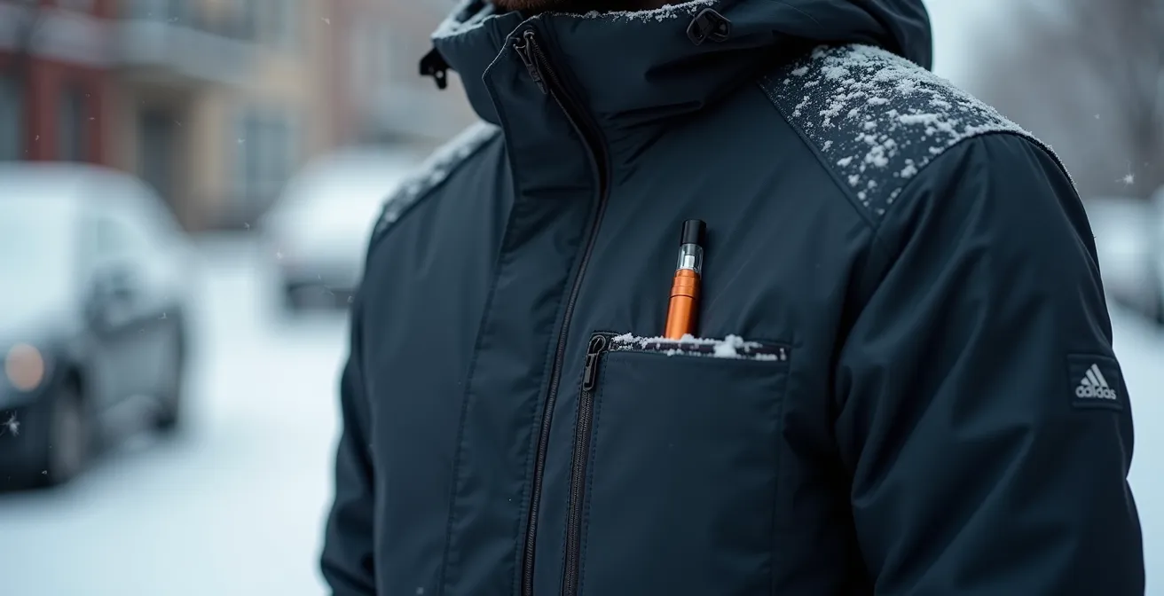 Clearomiseur en position verticale dans une poche montrant la position optimale anti-fuite