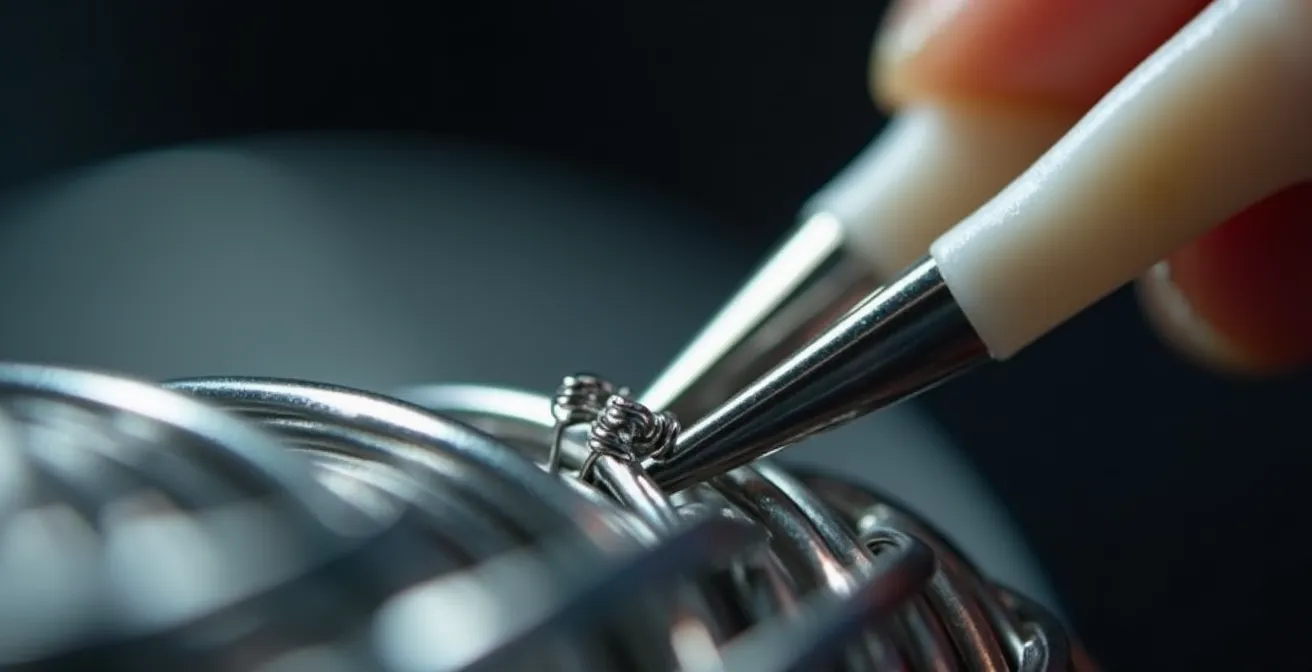 Vue macro d'un outil céramique grattant délicatement les spires d'une résistance