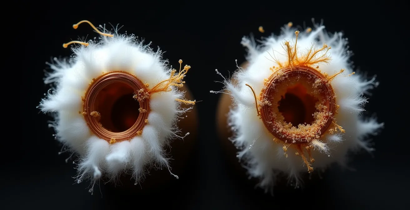 Comparaison macro d'une résistance neuve et usagée montrant l'encrassement du coton