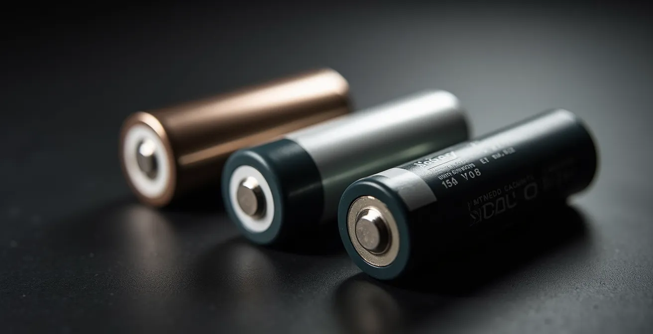 Vue macro de trois batteries 18650 différentes montrant leurs textures et finitions uniques