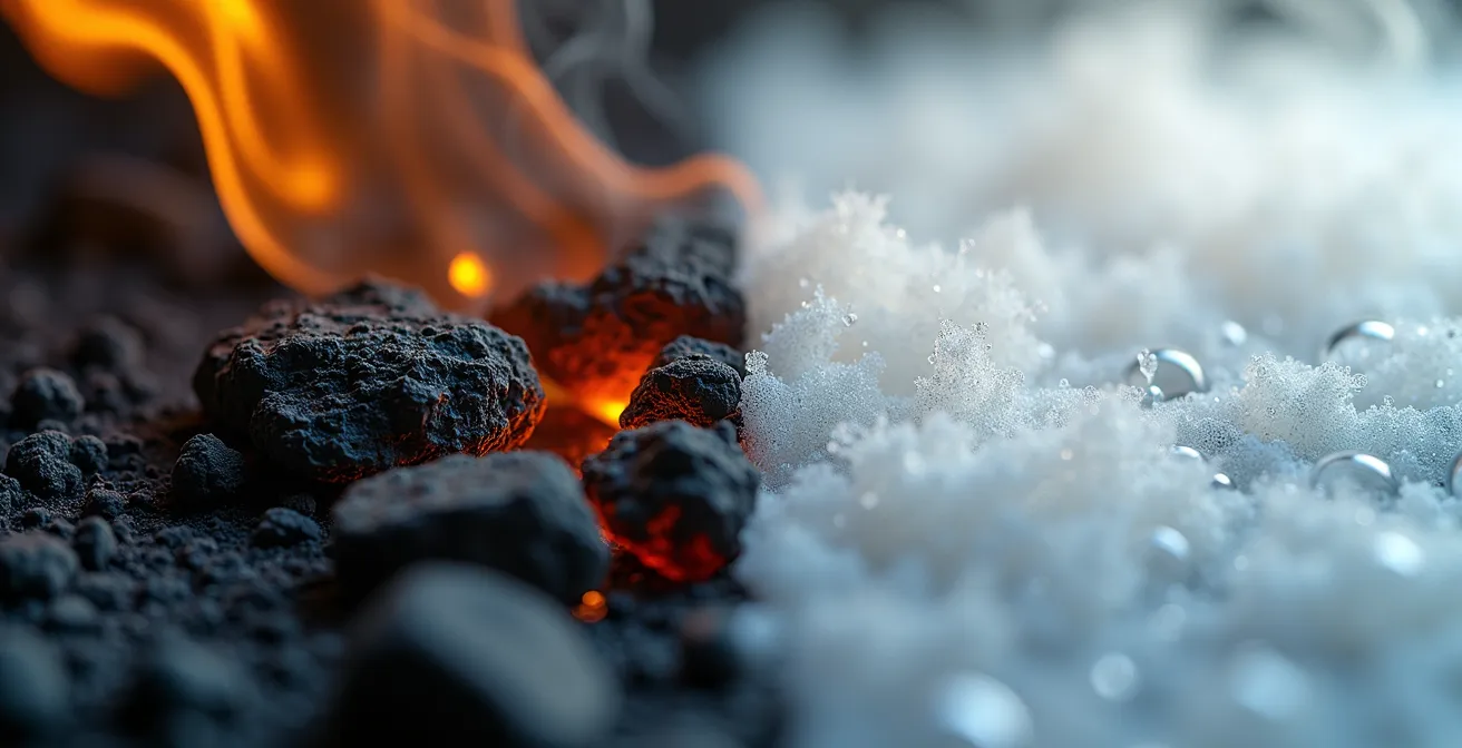 Vue macro comparant la combustion et la vaporisation