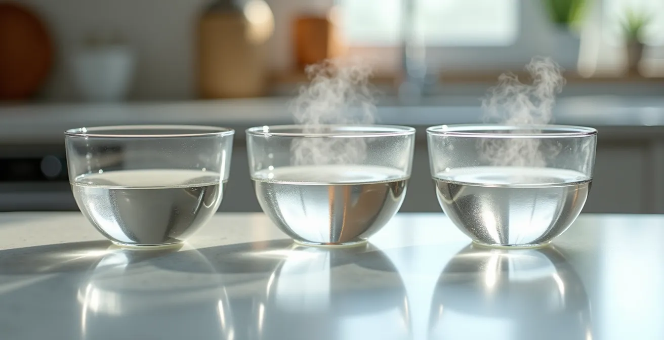 Trois récipients de nettoyage pour atomiseur disposés sur comptoir de cuisine