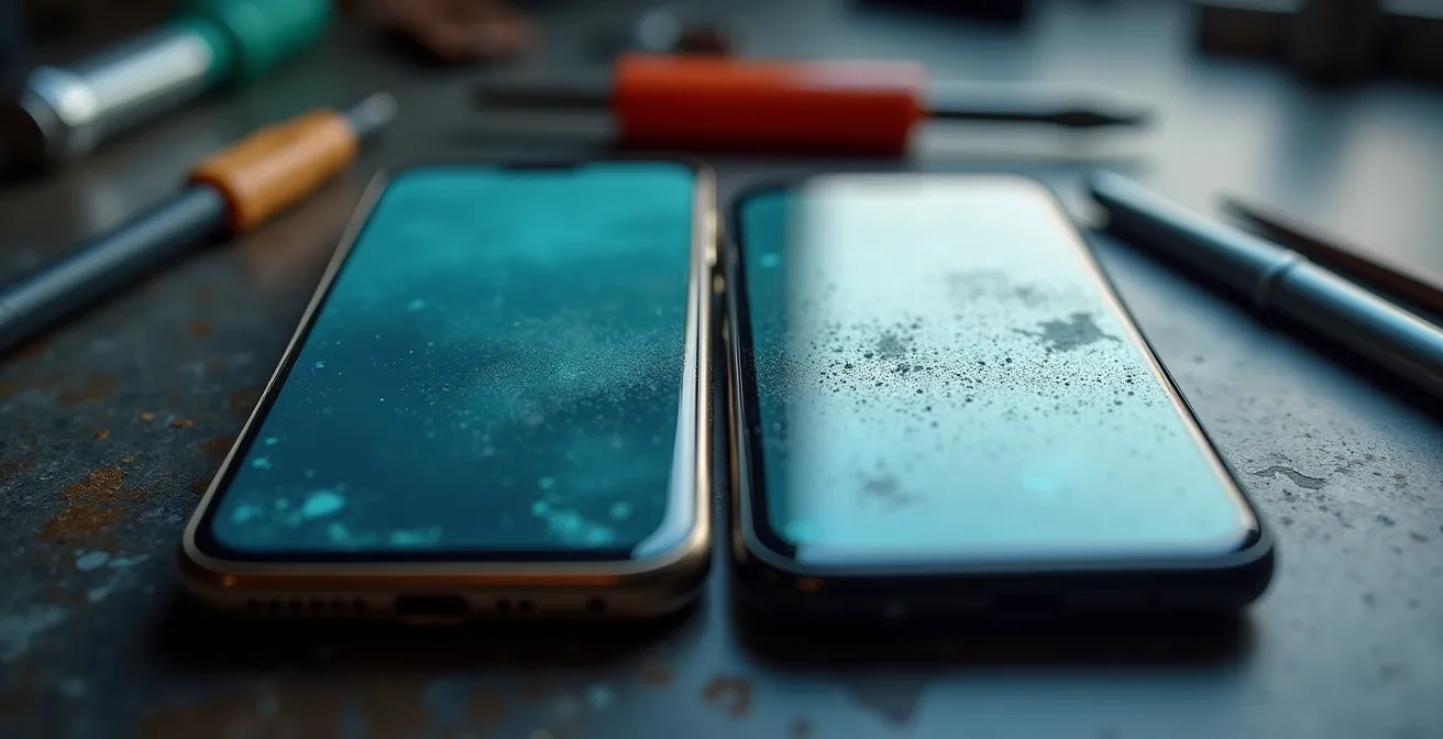 Comparaison macro entre film protecteur et verre trempé sur écran de cigarette électronique