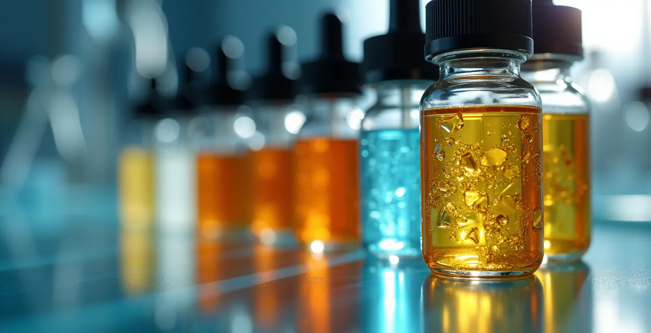 Composition macro de flacons avec différents ratios PG/VG dans un environnement de laboratoire