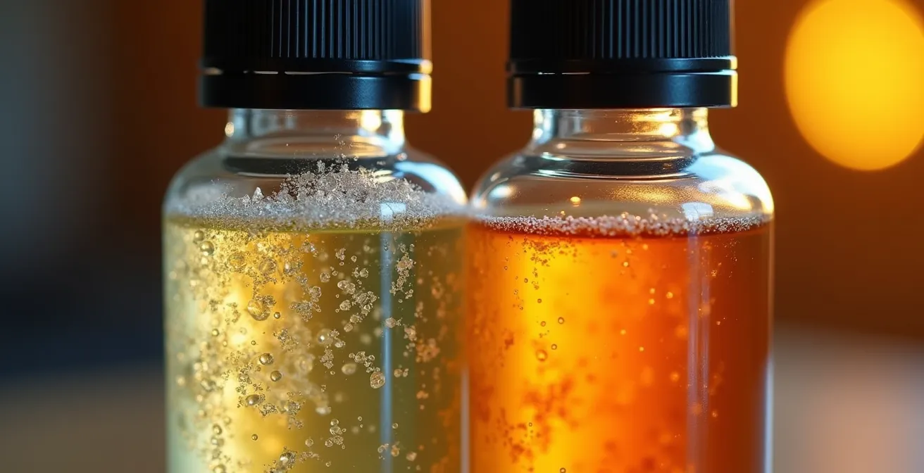 Deux flacons de e-liquide côte à côte, l'un symbolisant les sels de nicotine avec une texture cristalline et l'autre la nicotine base-libre avec un liquide lisse, illustrant les deux types de nicotine pour la vape.