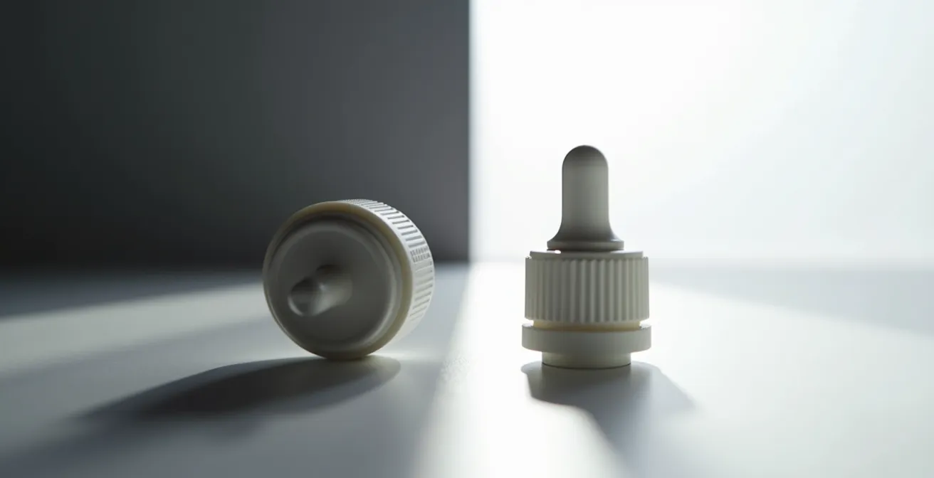 Comparaison entre un bouchon pipette illégal et un compte-gouttes sécurisé conforme CCCR 2001