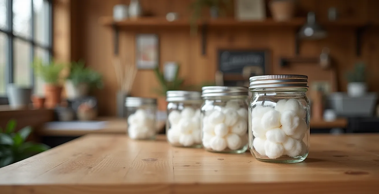 Système de conservation du coton de vapotage dans des bocaux hermétiques sur une étagère.