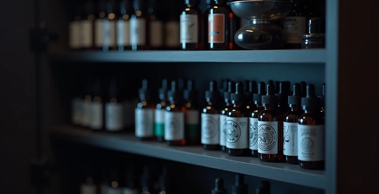 Rangement organisé de flacons de e-liquide dans une armoire sombre avec conditions de conservation optimales