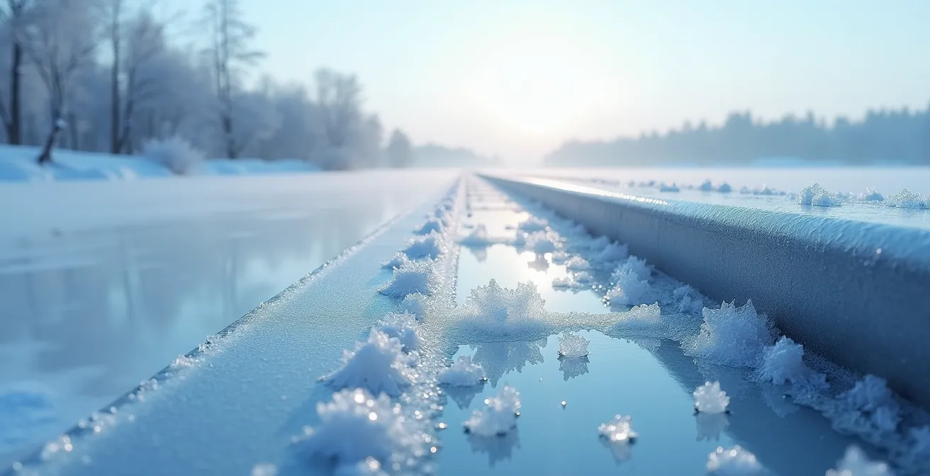 Vue en coupe d'un assemblage métal-verre montrant la déformation différentielle sous l'effet du froid