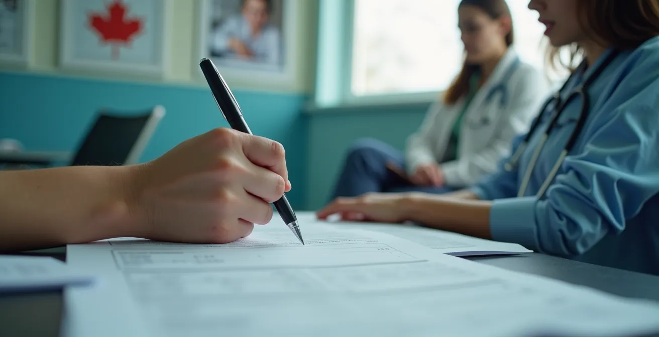 Main tenant un stylo au-dessus d'un formulaire médical officiel dans un environnement hospitalier canadien