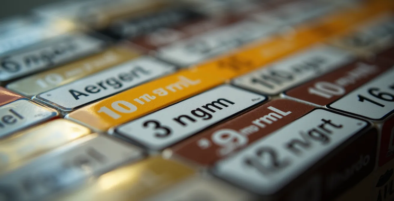 Détail macro d'étiquettes de concentration en nicotine difficiles à distinguer