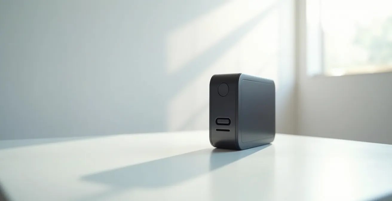 Vue large d'un dispositif de vapotage dans un environnement minimaliste montrant la dissipation thermique