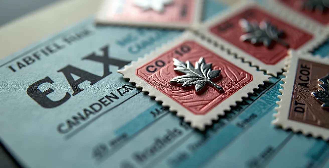 Vue macro de timbres d'accise et documents fiscaux canadiens pour produits de vapotage