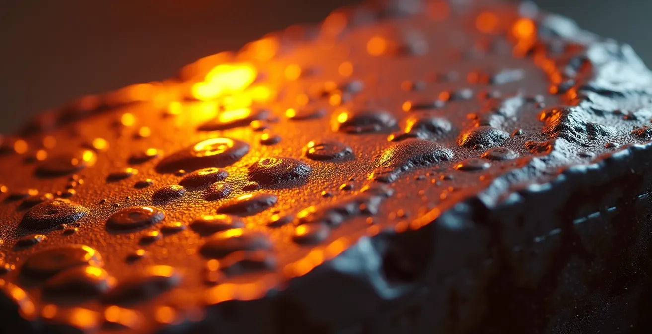 Vue macro extrême d'une batterie lithium-ion montrant la chaleur et les réactions chimiques internes