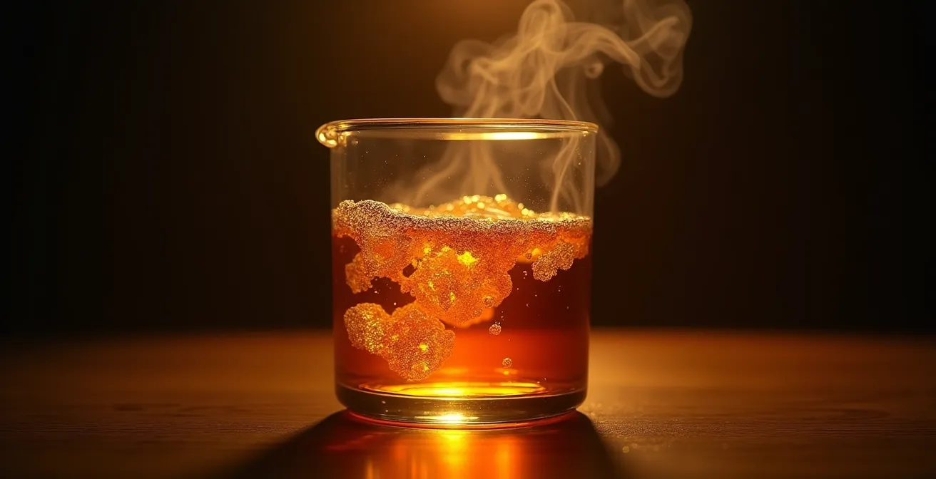 Liquide en expansion dans un réservoir transparent avec bulles et mouvements thermiques visibles