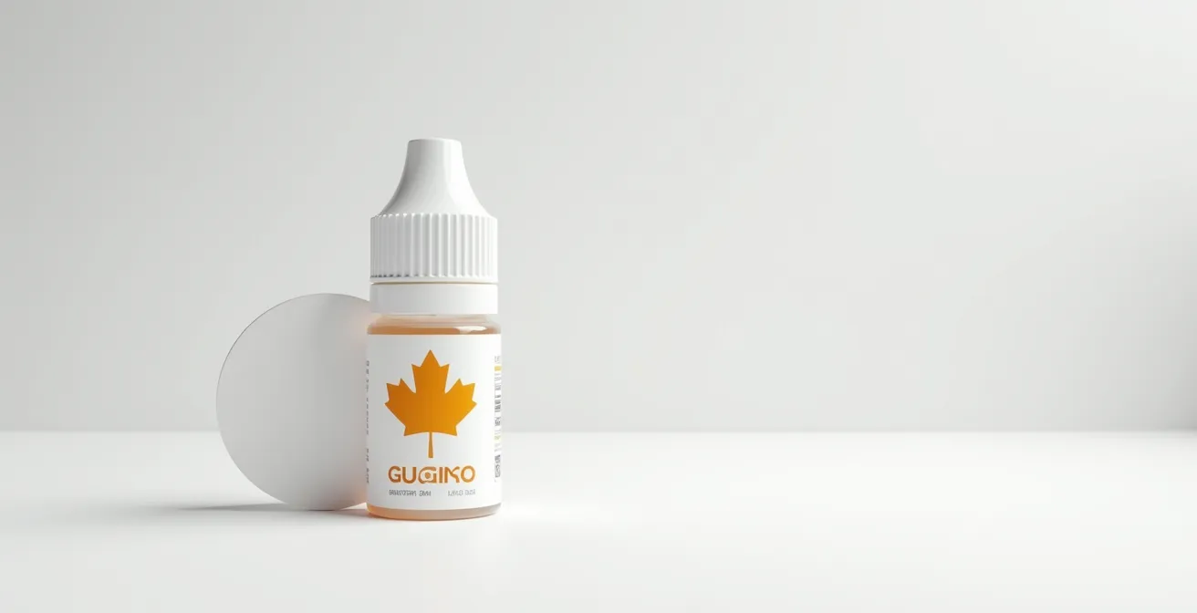 Fiole de e-liquide montrant clairement l'emplacement des informations réglementaires canadiennes
