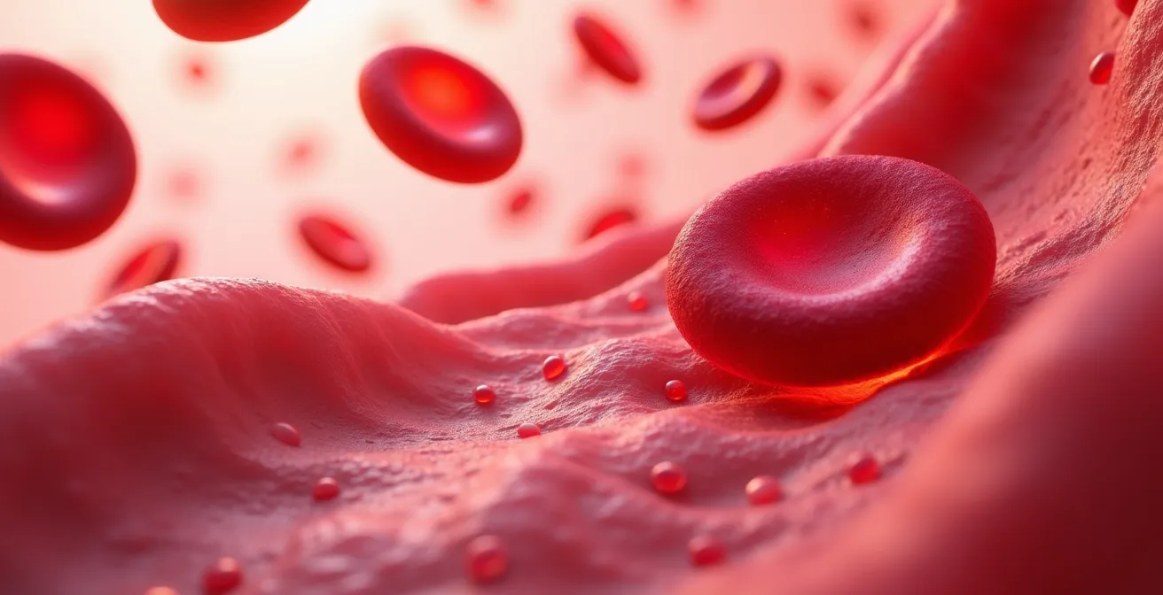 Vue macro de globules rouges transportant l'oxygène dans un vaisseau sanguin