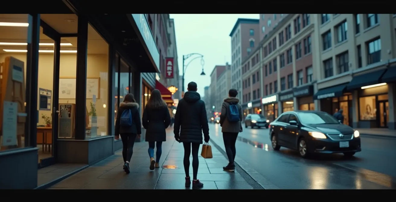 Vue extérieure d'un commerce avec un groupe de jeunes flous en arrière-plan