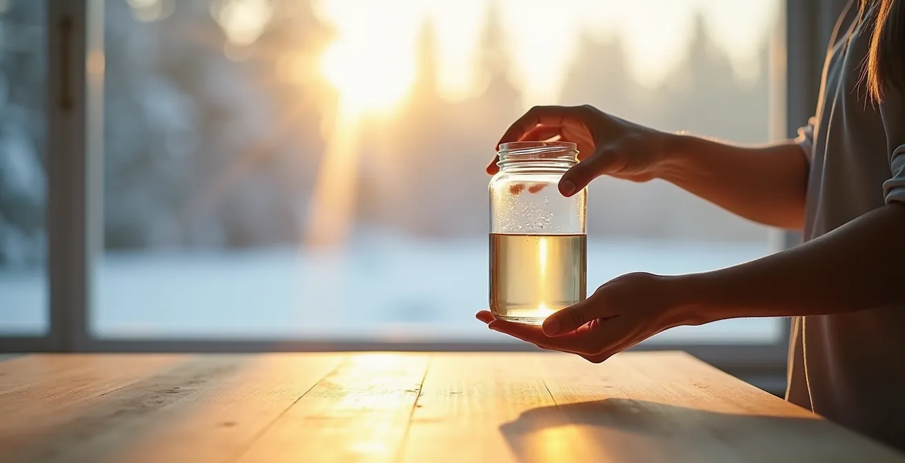 Inspection minutieuse d'un réservoir pyrex à la recherche de fissures, éclairage latéral révélant les détails