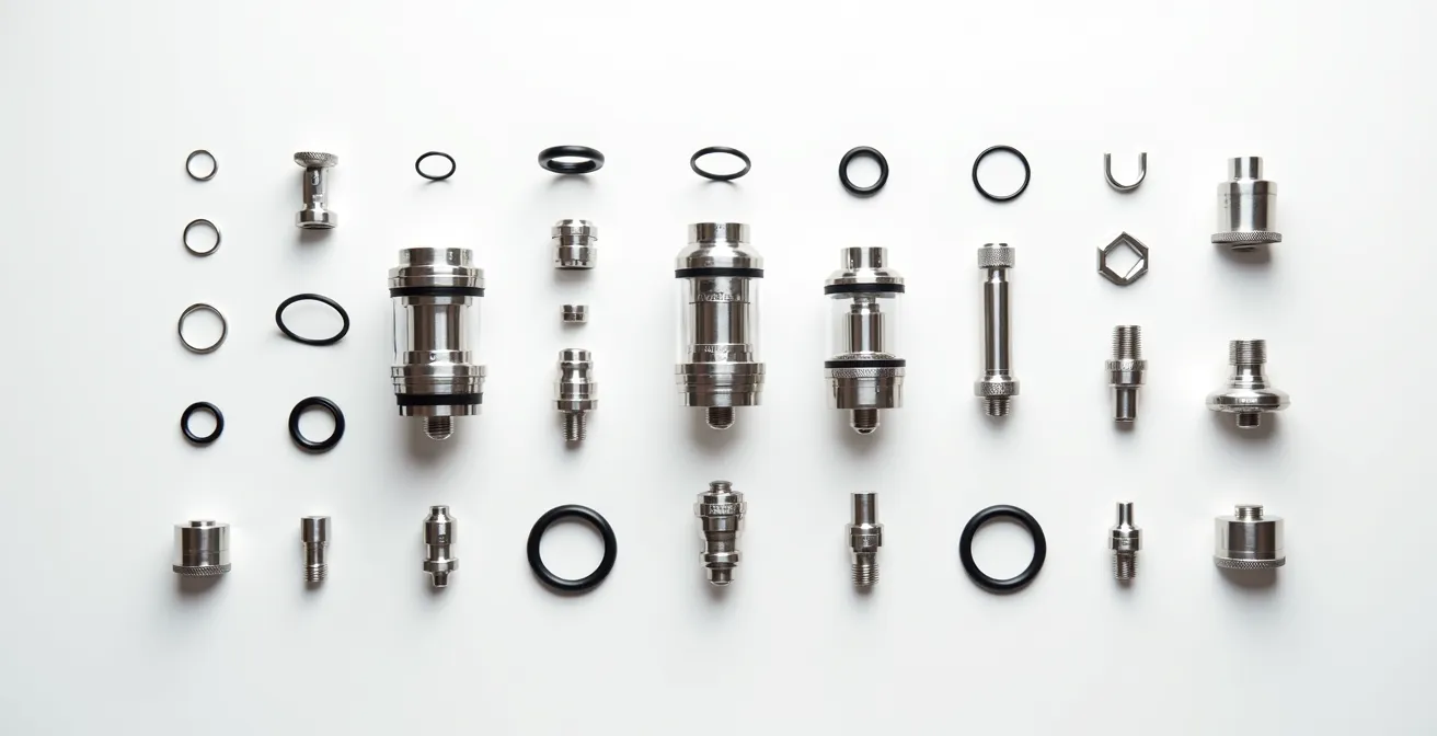 Vue éclatée d'un atomiseur montrant les différents joints toriques en silicone