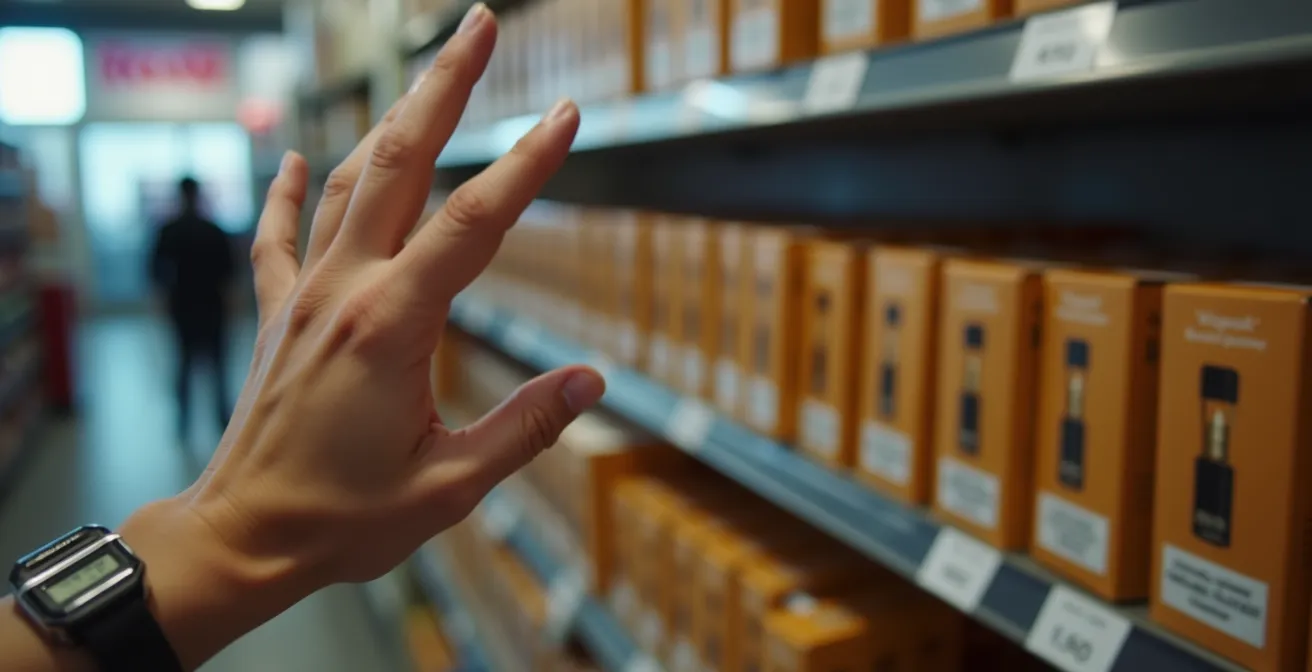 Main qui hésite devant une étagère de produits de vapotage aux emballages identiques