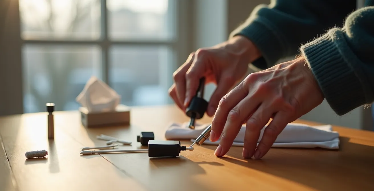 Mains nettoyant délicatement les connecteurs d'un pod avec un coton-tige dans un environnement minimaliste