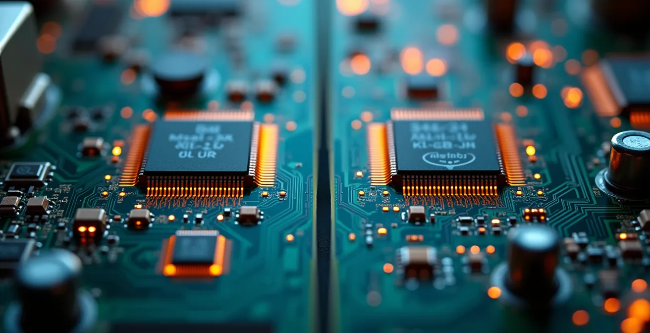 Vue macro comparative des chipsets de protection entre un mod authentique et une contrefaçon