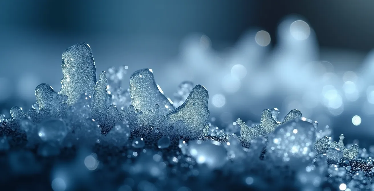 Vue microscopique de molécules de propylène glycol interagissant avec des cristaux de glace