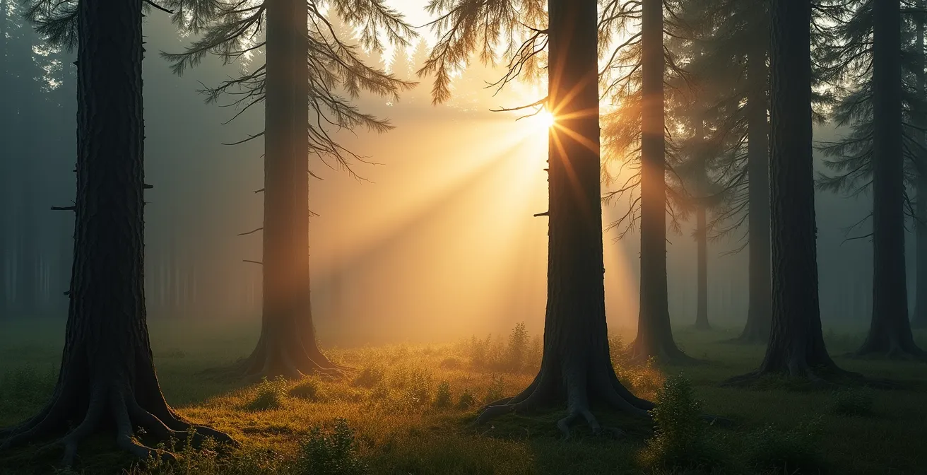 Forêt de pins canadienne baignée dans la brume matinale avec des rayons de lumière filtrant à travers les arbres