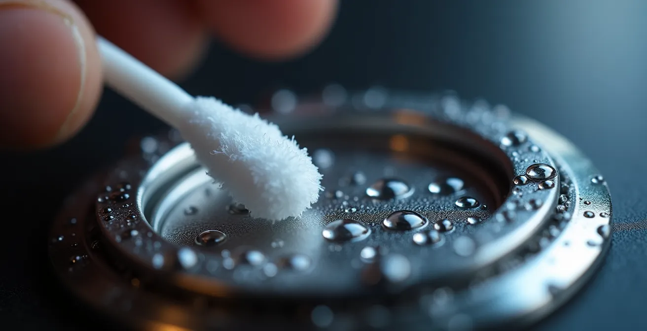 Gros plan macro sur le nettoyage d'un capteur de cigarette électronique avec coton-tige et alcool isopropylique