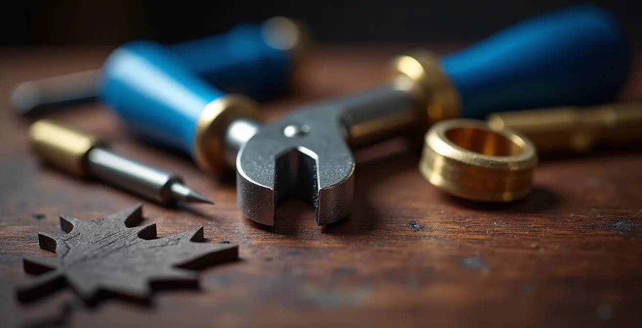 Outils de base pour atomiseur reconstructible disposés sur un établi