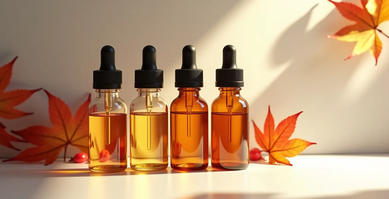 Comparaison visuelle de flacons d'e-liquide montrant différents stades d'oxydation de la nicotine