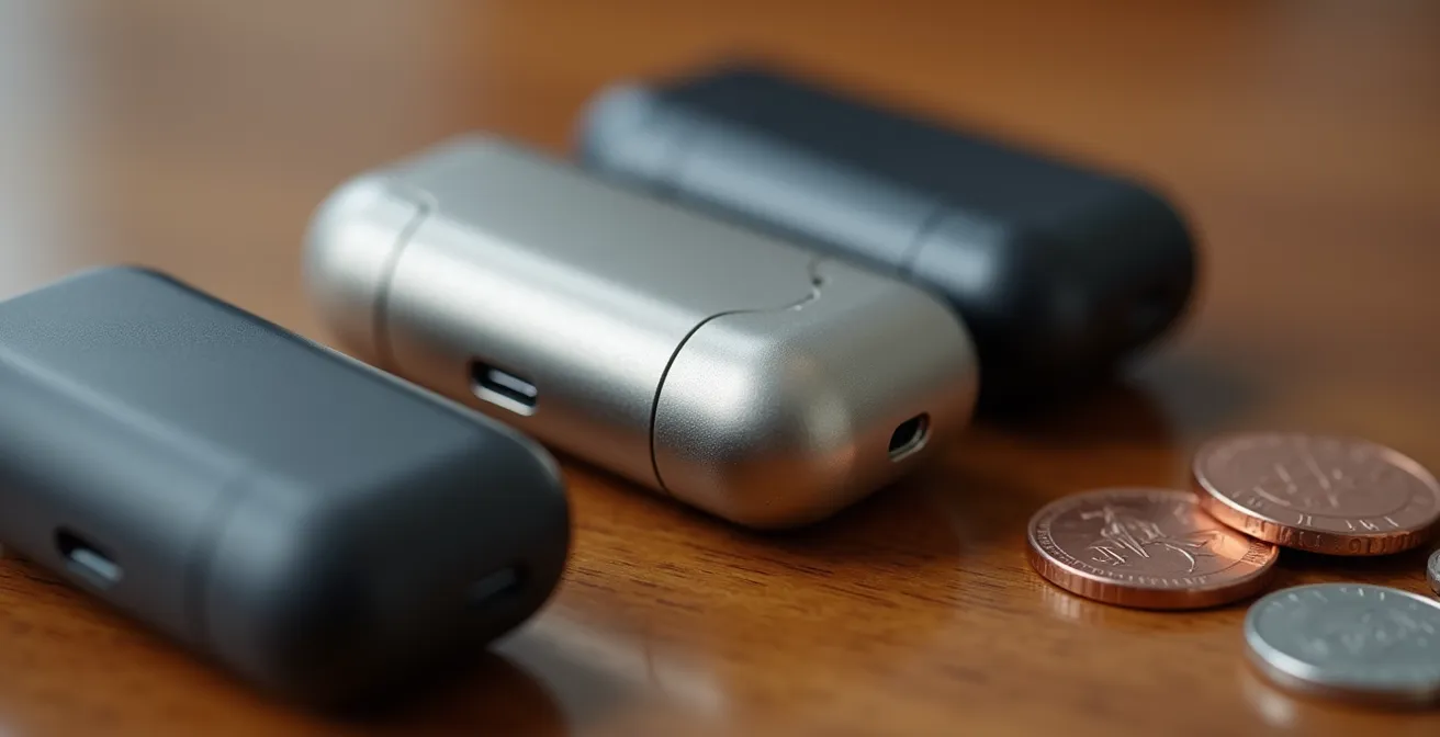 Trois pods rechargeables compacts alignés sur surface minimaliste avec pièces canadiennes