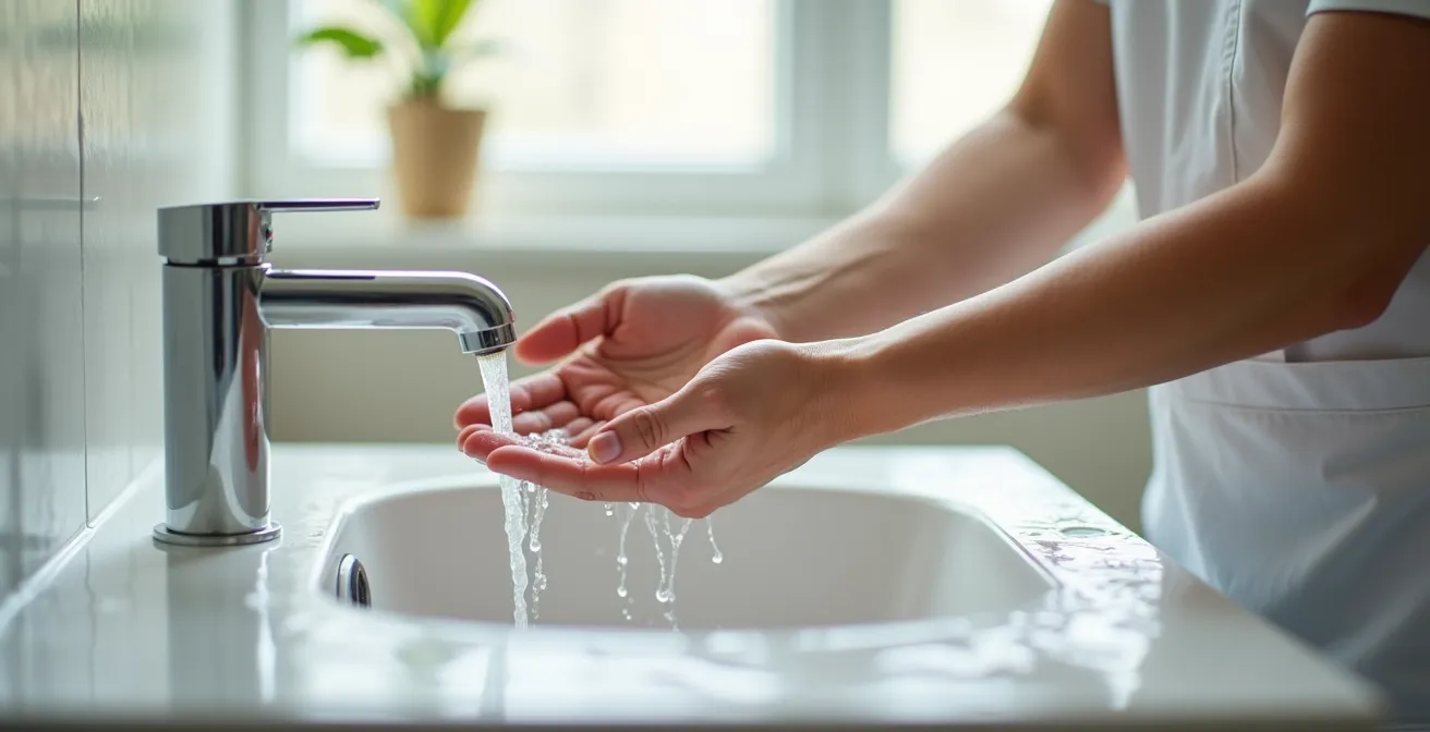 Mains sous un jet d'eau tiède pour rincer une brûlure chimique d'électrolyte de batterie