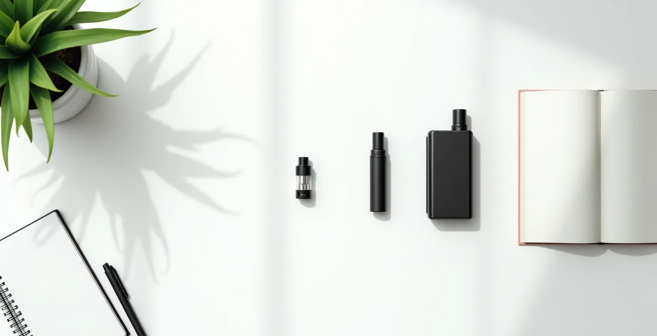 Vue aérienne minimaliste montrant l'évolution de différents dispositifs de vapotage