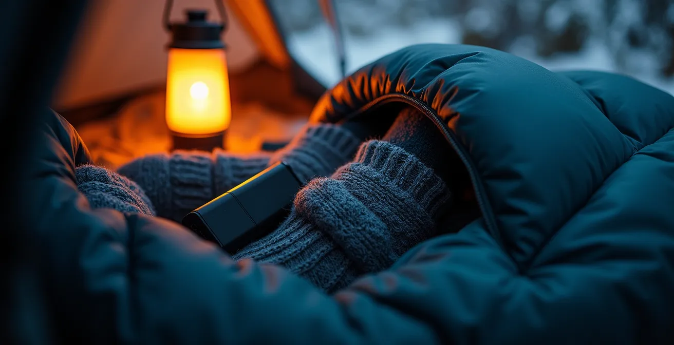 Sac de couchage ouvert montrant une batterie externe nichée dans des vêtements chauds, illustrant la protection thermique.