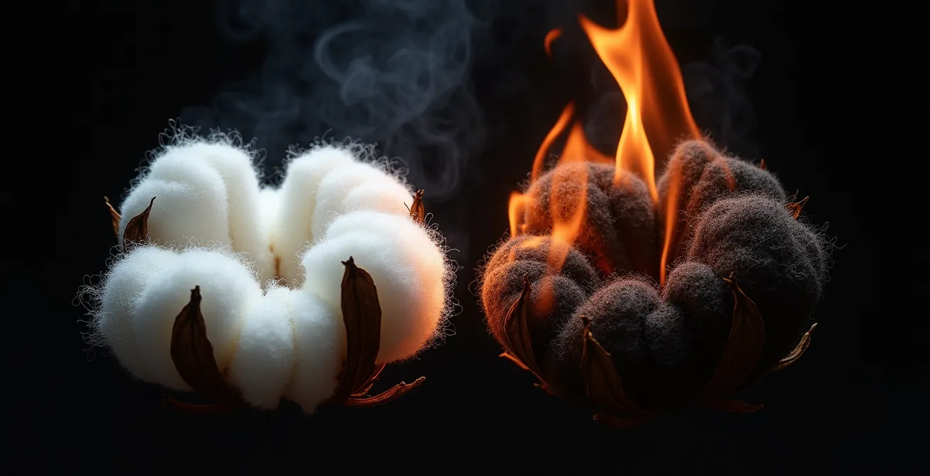 Vue microscopique de fibres de coton en transformation sous l'effet de la chaleur