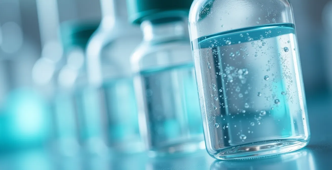 Vue macro détaillée de flacons de laboratoire avec liquides transparents sous éclairage contrôlé