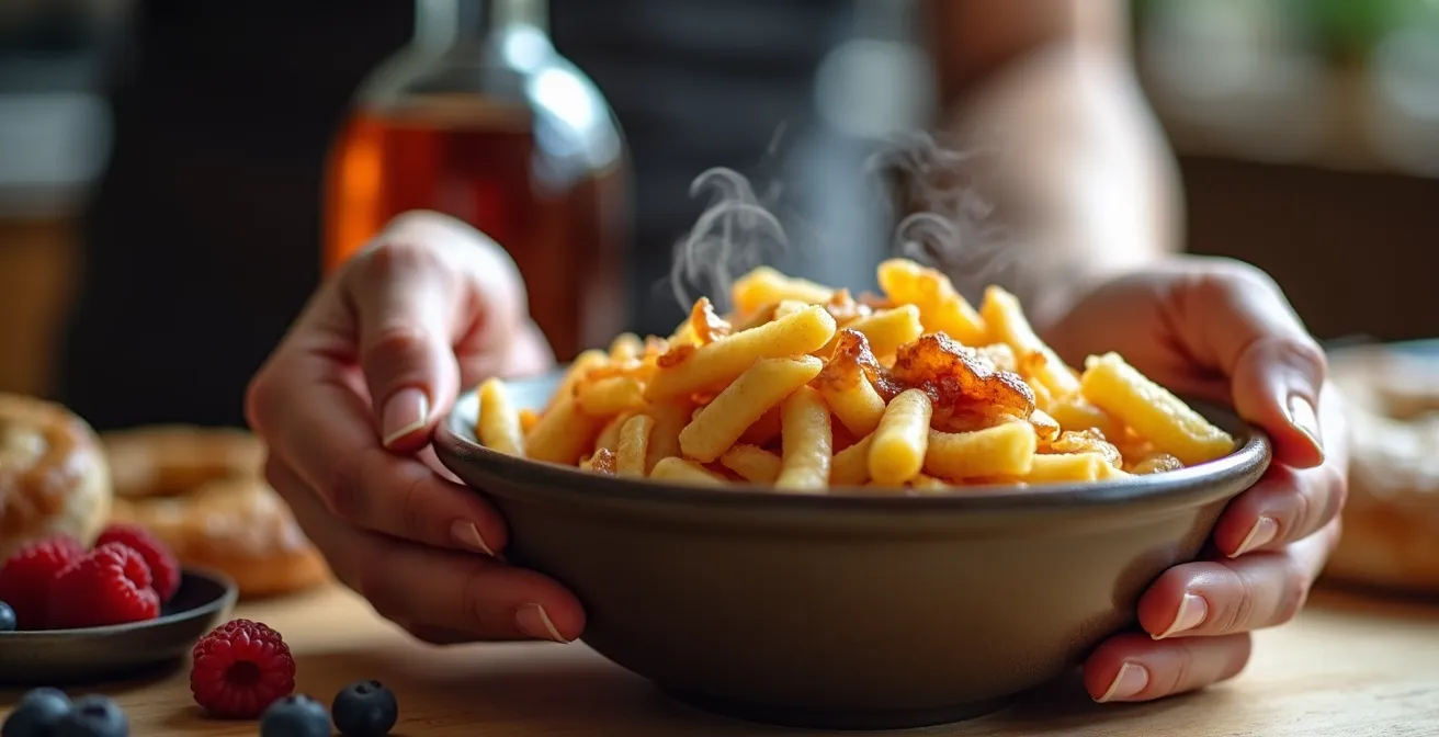 Une composition culinaire chaleureuse mettant en vedette une poutine fumante, des baies fraîches et du sirop d'érable, symbolisant la redécouverte des saveurs après l'arrêt du tabac.
