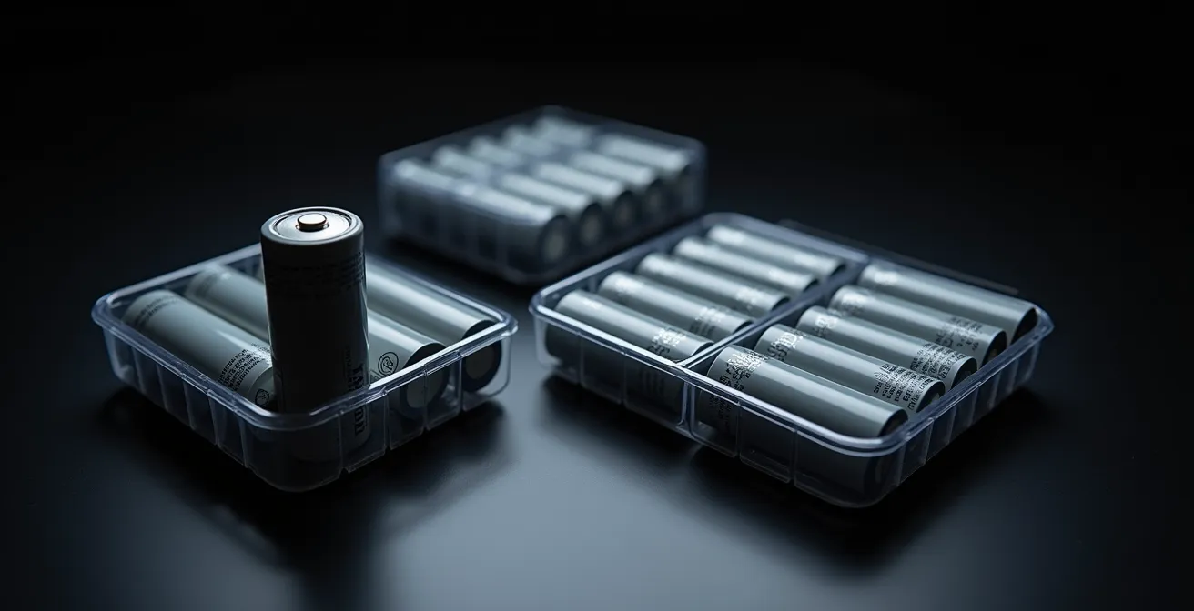 Batteries 18650 rangées dans boîtes de protection plastique avec système d'organisation sécuritaire