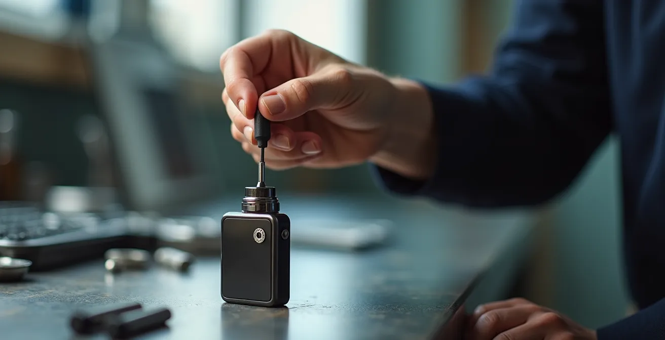 Main tenant délicatement un outil fin inséré dans l'ouverture d'airflow d'un atomiseur