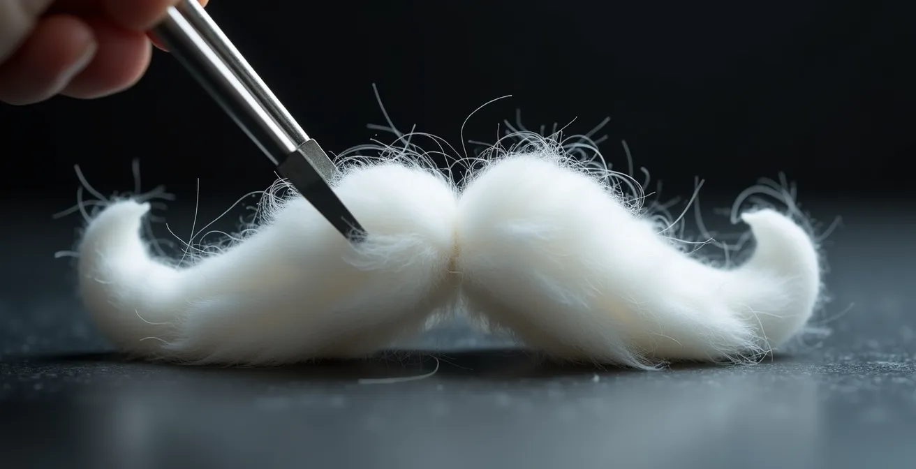 Technique de découpe du coton en forme de moustache écossaise pour un dosage parfait.